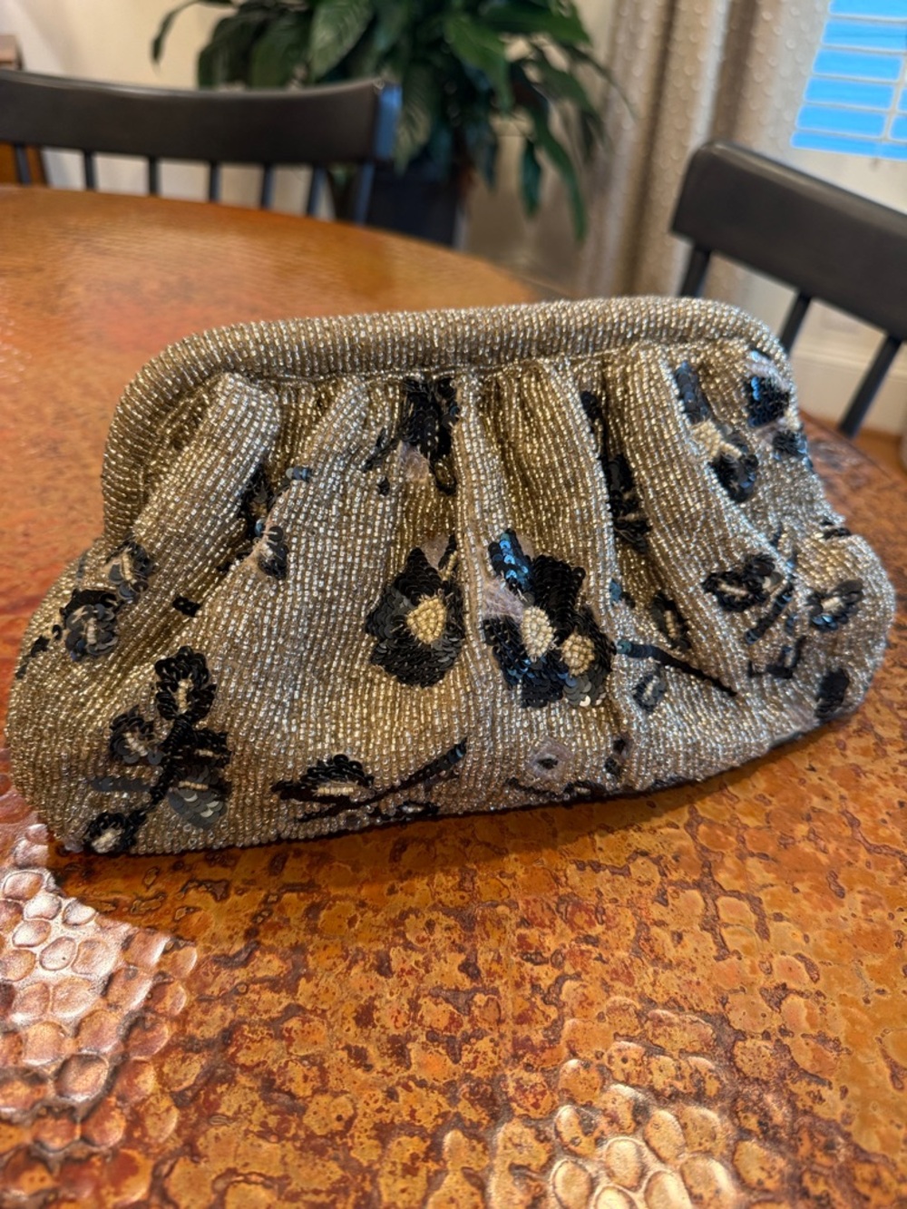 Beaded Floral Evening Clutch in Gold and Black